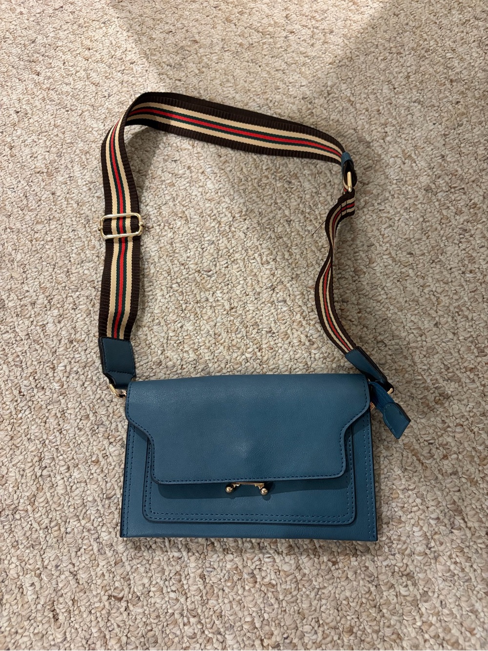 Blue Faux Leather Crossbody Bag with Striped Webbing Strap